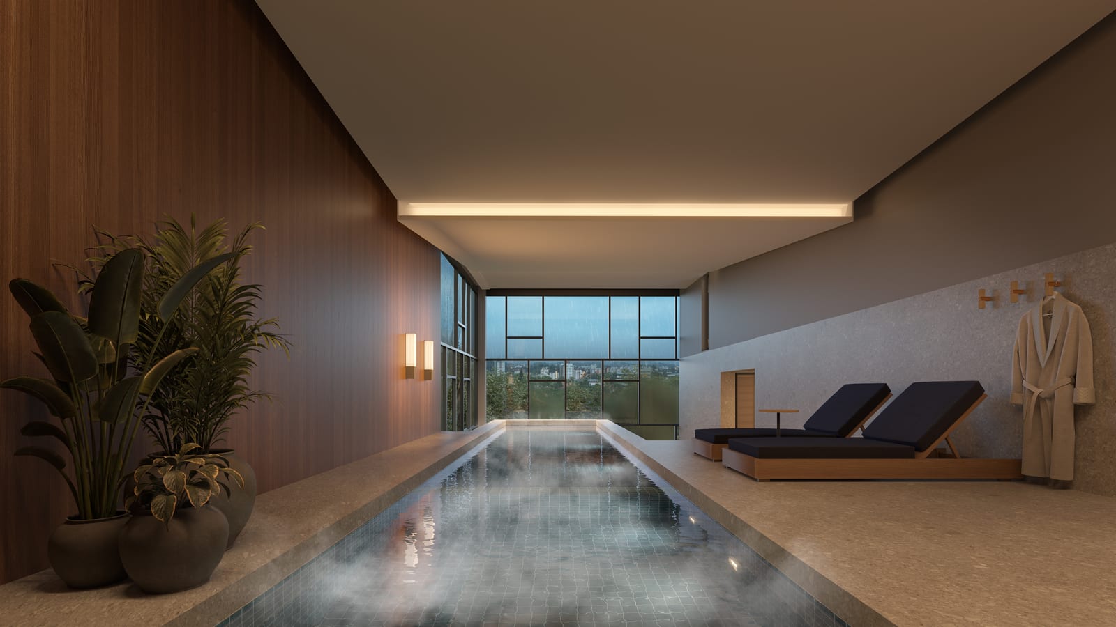 Piscina coberta em render hiper-realista, com chuva na janela e vapor na água