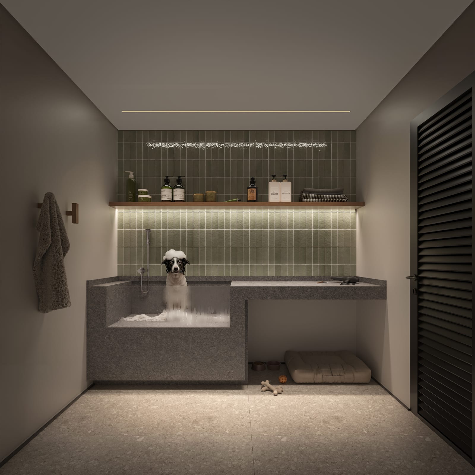 Pet place em render hiper-realista, com cachorro na banheira