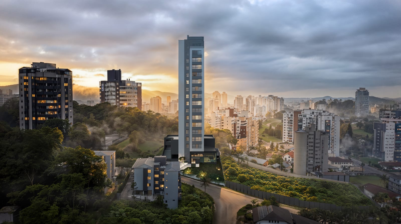 Torre em render inserida no skyline da cidade ao amanhecer